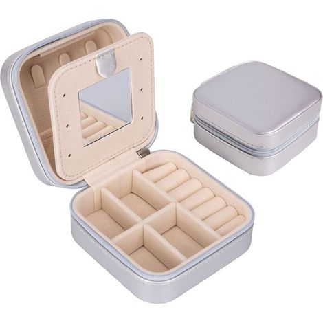 Silbernes, tragbares Schmuckkästchen – Doppellagige Reisebox aus Leder mit Spiegel – Für Ringe, Ohrringe, Halsketten, Armbänder und Schmuck – Ideales Geschenk für Frauen und Mädchen (1/5)
