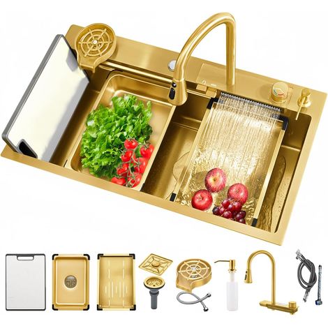 Évier Cuisine 1 Bac Évier de cuisine en acier inoxydable Pour laver les légumes et la vaisselle avec robinet à tirette cascade or 34IN 86CM (1/5)