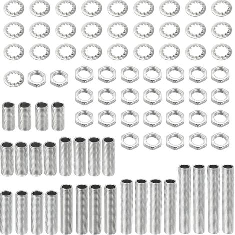 Tige Filetée Creuse pour Lampe Trousse avec Encoches Écrou Teeth Rondelle 1/8IP Filetage Fixation Assortiment pour Luminaire Plafonnier Réparation Assemblage Coffret de 84 (1/5)
