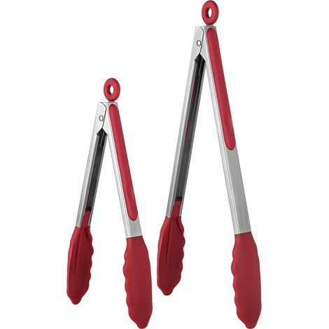 315℃ Ensemble de pinces de cuisson résistantes à la chaleur avec embouts en caoutchouc antiadhésif fermement scellés et poignée en acier inoxydable revêtue de silicone (23/30 cm, Rouge) (1/5)