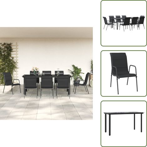 The Living Store 9-tlg. Garten-Essgruppe Schwarz Stahl und Textilene - Gartenstühle (1/5)