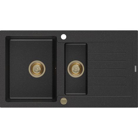 Mexen Matias évier en granit à 1,5 cuvette avec égouttoir 900 x 505 mm, Noir/ Argent métallique, siphon Or - 6502901505-73-G (1/5)