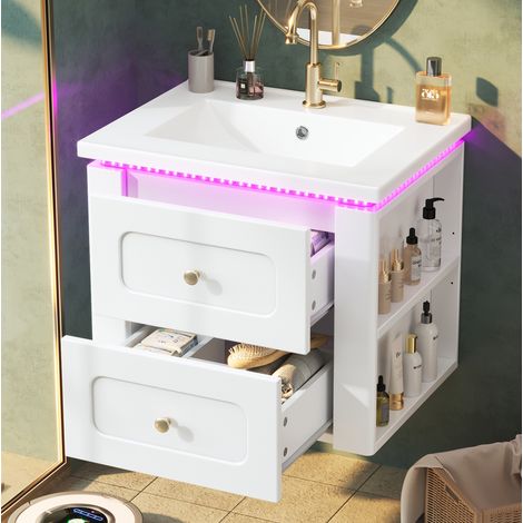 Hängewaschtischunterschrank 61 cm, Weiß Hochglanz, LED, 2 Schubladen, Keramikbecken (1/5)