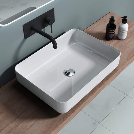 doporro Lavabo da Appoggio, Lavandino Bagno 55x40x13cm, Lavabo da Minerale Fuso Colossum812, Bianco (1/5)