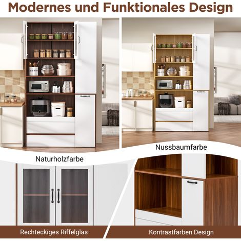 Buffet haut avec étagères réglables et tiroirs, armoire de rangement à tablettes coulissantes et verre cannelé, parfaite pour salle à manger, salon et cuisine (Blanc+Noyer) (1/5)