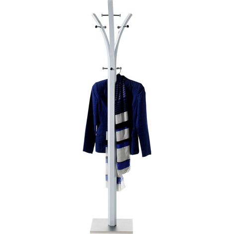Idimex – Porte-manteau en métal laqué blanc avec socle en acier inoxydable – 9 crochets – Structure stable pour intérieur moderne