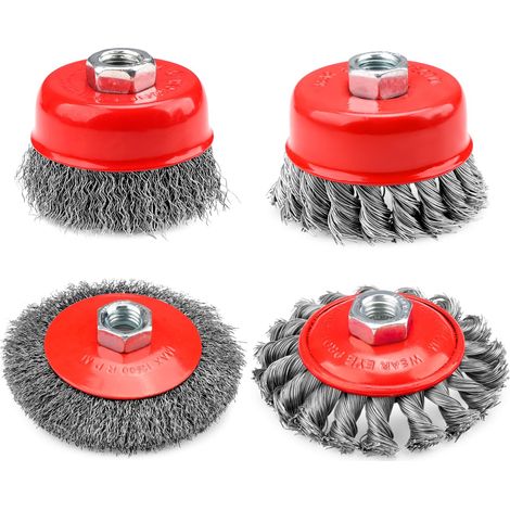 Lot de 4 brosses métalliques pour meuleuse d'angle, diamètre 75 mm et 100 mm, brosse en acier, visseuse sans fil, avec modèles M14 pour perceuse, polissage, meuleuse d'angle (1/5)