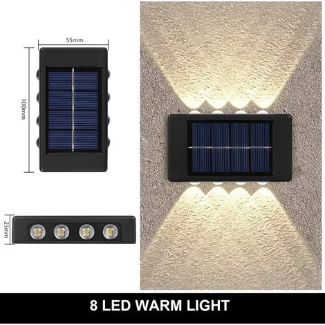 Applique murale solaire extérieure (8 LED blanc chaud) 12 LED étanche pour jardin, cour, balustrade, lampe d'ambiance décorative, lampe solaire à éclairage indirect (1/5)