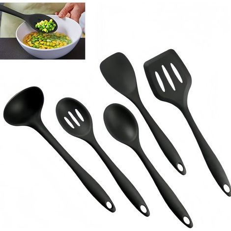 Juego de 5 utensilios de cocina de silicona - Incluye cuchara, cucharón, espátula y espátula - Resistente al calor - Libre de BPA - Negro (1/5)