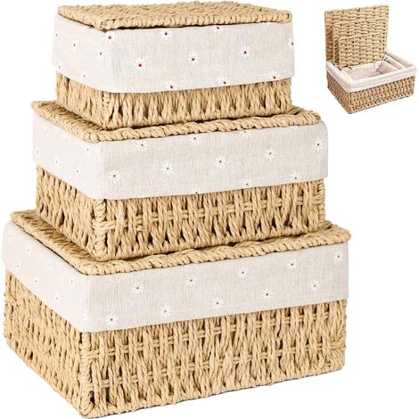 Lot de 3 paniers de rangement avec couvercle – Paniers tressés en corde de papier, 3 tailles, paniers avec doublure, décoration bohème, paniers de rangement pour salle de bain, jouets, salon (1/5)