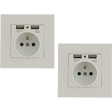 Lot de 2 Prises Murales, Prise Electrique Murale avec Double USB, Prise Encastrable avec 2 Ports de USB Pratique et Manialble