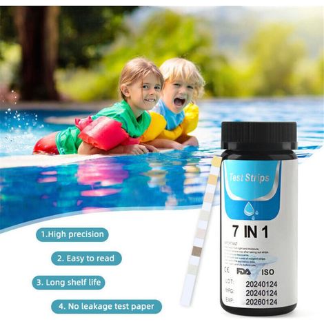 7 en 1 Testeur pour Eau de Piscine et Spa, 50 Bandelettes Test Piscine, Test Piscine Chlore et ph, Le Brome, la Dureté Totale, l’Alcalinité Totale, l’Acide cyanurique, Le Chlore Total (1/5)