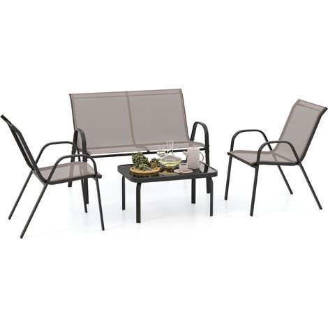 COSTWAY 4 Piece Patio Metal Chair Set Modern Chair & Table Set-Grey (1/5)