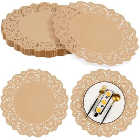 Confezione da 100 tovagliette rotonde in carta kraft marrone, 34 cm, con motivo a pizzo, usa e getta, perfette per cucinare, decorare torte, lavori creativi, feste, matrimoni e decorazioni per la tavo