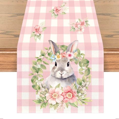Chemin de table de Pâques avec motif lapin, 33 x 183 cm, lin de haute qualité, parfait pour la décoration du printemps et de l'été