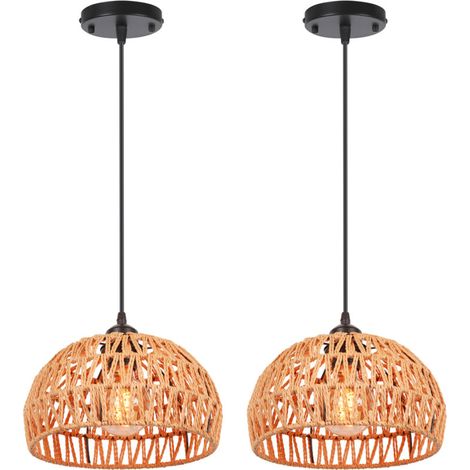 2X Plafonnier Rétro E27 Suspension Luminaire En Corde De Chanvre Tressée, Abat-Jour Cage Rond En Métal Ø25CM, Lustre D'Intérieur (Noir) (1/5)
