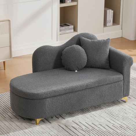 Canapé convertible en tissu bouclé – Chaise longue de rangement – Banquette dossier ondulé – Structure bois massif pieds métal doré – Pour salon et chambre – 134 cm – Gris (1/5)