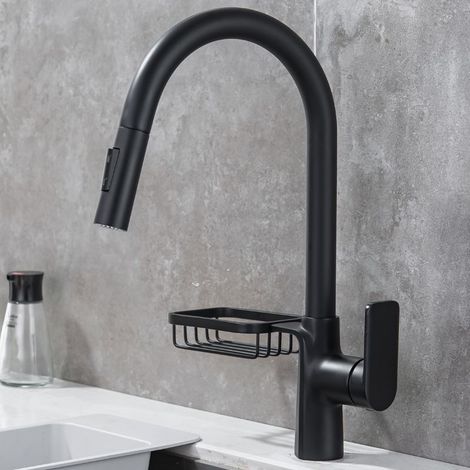 Robinet de cuisine, mitigeur rotatif à 360° avec douchette extractible, mitigeur d'évier rotatif à jets multiples, mitigeur de cuisine en acier inoxydable noir (1/5)