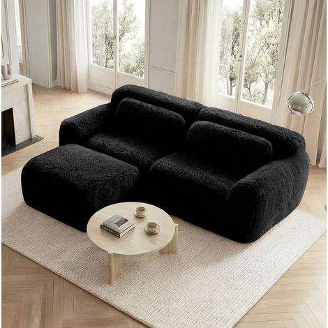 Sofá rinconera modular en L de 2 plazas de terciopelo negro, sin montaje, con cojines, OKWISH (1/5)