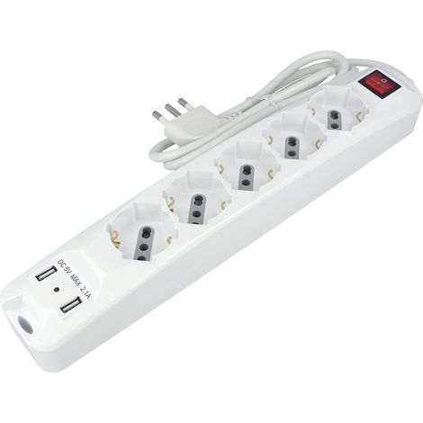 Multipresa Ciabatta Elettrica Spina Con 2 USB 2,1A Cavo 1,5 Metri 5 Posti 2P+T 10/16A Bipasso Schuko Con Interruttore SKU-8715 (1/3)
