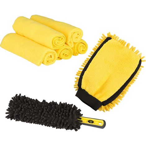 Dunlop Pack Lavage Auto - Gant 2 en 1 Double Face - Brosse à Roue Chenille - 5 Chiffons Microfibre 40x40 cm 200 GSM Jaune (1/4)