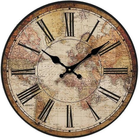 Horloge murale vintage carte du monde 2026, silencieuse (sans tic-tac), analogique, à piles, grande décoration murale en MDF de 35,5 cm (14 pouces) pour salon, chambre, bureau