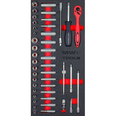 Mw Tools – Coffret cliquet et douilles 1/4 43 pièces – Douilles 4-14 mm – Clé à cliquet 1/4 – Extension flexible 150mm – MWD1443