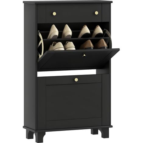 Meuble chaussure entrée étroit avec tiroirs à portes abattants et étagère réglable, 60 x 23,5 x 98,5 cm, noir