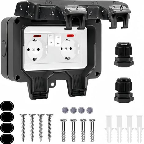 Double Prise Exterieure Etanche IP66 avec Couvercle, Interrupteur Prise Etanche Exterieur avec Voyant Lumineux, pour Jardin, Garage, Piscine Cuisine, Salle de Bain, Pièce Humide Extérieur (1/5)