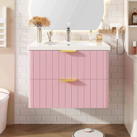 Meuble de salle de bain rose suspendu avec lavabo céramique, double espace de rangement, MDF résistant à l’humidité