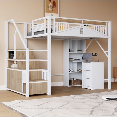 Letto rialzato adulti 140x200 cm in metallo con scala contenitore e armadietto con anta, senza materasso, bianco (1/5)