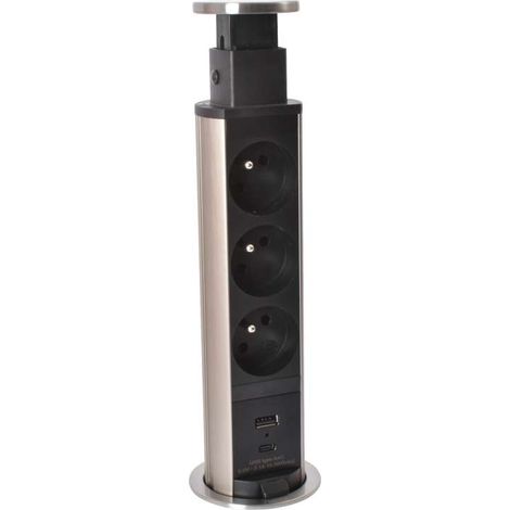 Legrand – Bloc prise encastrable tower 60 – 3 prises secteur + 1 USB A+C – Inox – Diamètre 60 mm – Pour mobilier épaisseur 10-40 mm