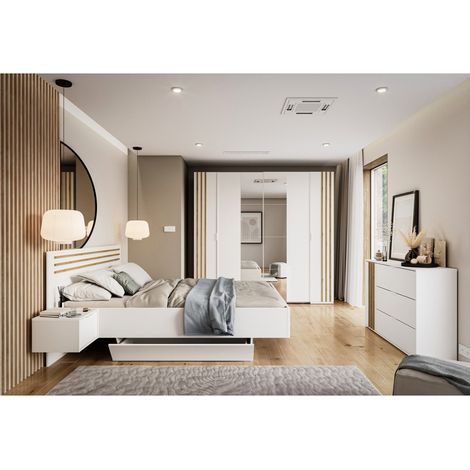Komplettes Schlafzimmer FLORENCE – Bett 160x200 + Lattenrost + Schubladen + Kleiderschrank + Kommode – Weiß und Eiche