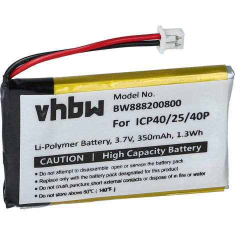 vhbw Battery Replacement for Sena ICP40/25/40P for Wireless Headset Headphones (350 mAh, 3.7 V, Li-polymer)