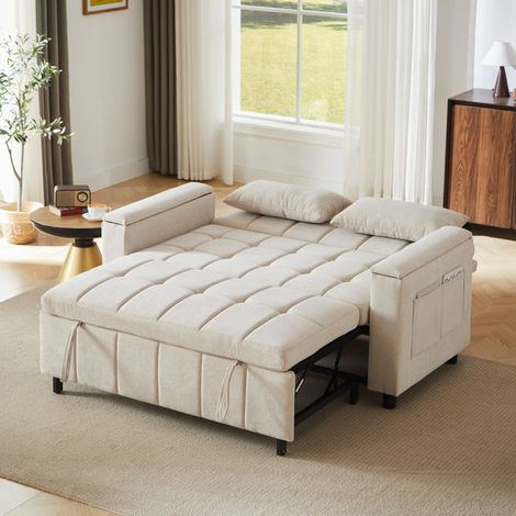 Canapé convertible 2 places 3-en-1 en chenille, avec rangement dans les accoudoirs, beige OKMYHOME (1/5)