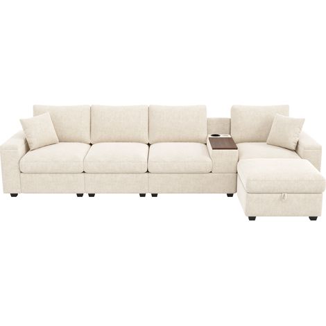 Canapé d'angle modulable 5 places avec ottomane et rangements, ports USB/Type‑C, table basse pivotante 360°, beige (1/5)