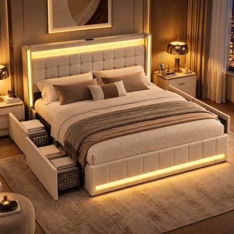 Lit adulte 140 x 190 avec 4 tiroirs - Lin - Beige - Lit double 140 x 190 - LED réglable et chargement USB - Sommier à lattes - Modern (1/5)