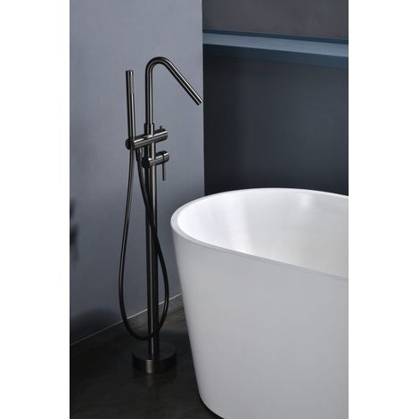 IMEX Robinet de baignoire et douche sur pied en acier et laiton noir mat avec cartouche ceramique Ø35 mm flexible PVC et poignee position unique modele Imex-BBECO1-BGM (1/2)