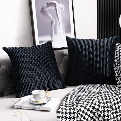 Housses de Coussin Décoratives à Rayures Noires: Lot de 2 Taies d'oreiller Carrées en Velours Originales de 40 cm x 40 cm pour Canapé de Chambre (1/5)