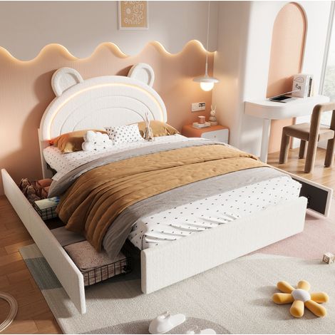 Lit rembourré enfant 140/200 cm beige avec 4 tiroirs, tête de lit à oreilles et LED via application (1/5)