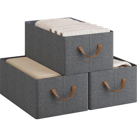 WOLTU Set of 3 Foldable Storage Boxes, Fabric Containers with Handles, 47x28x20 cm, Grey+Brown (1/5)