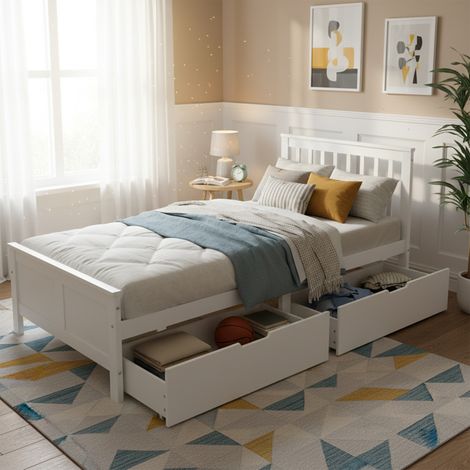 Lit en bois, lit simple, lit ado, lit adulte, avec tiroirs de rangement, cadre en pin massif, blanc (90x200cm) (1/5)