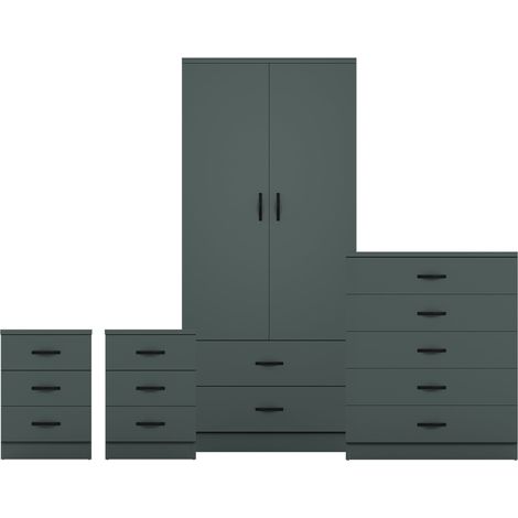 Riano 4 Piece Bedroom Set (3 Drw Bedside Chest, 5 Drw Chest, 2 Dr 2 Drw Wardrobe), Green (1/3)