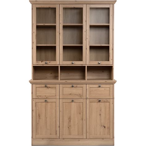 Buffet vitrine 6 portes dont 3 vitrées, 3 tiroirs et 3 niches L120 cm - TIMBER