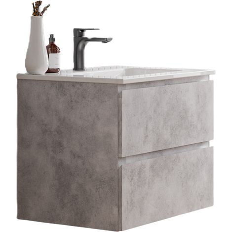 BERNSTEIN - Mobile lavabo sospeso MDF grigio cemento, lavabi bianco lucido + foro rubinetto troppo pieno e piletta di scarico - 60x46x50cm - AVA	Calcestruzzo, Bianco lucido