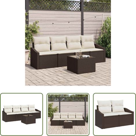 Terrassensofa - Sofa Set mit Kissen 5 pcs Braun und Creme Poly-Rattan (1/5)