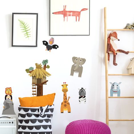 Sticker autocollant décoratif Roi Lion et animaux de la savane, 68x48cm, pour déco chambre bébé/enfant, idéal pour enfants. (1/2)