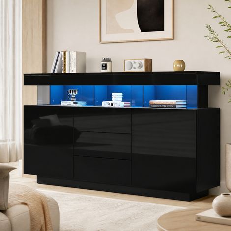 Credenza moderna 140 x 35 x 80 cm con LED, 3 cassetti, 2 ante, nero HAVRYA (1/5)