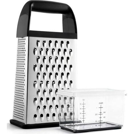 Questa grattugia è in acciaio inox, dotata di un bicchiere dosatore e di un manico in ABS. Permette di grattugiare formaggio e verdure. (1/5)