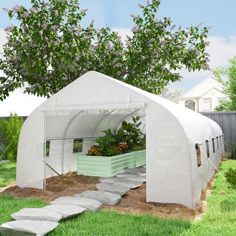 Serre Jardin Tunnel, Bâche PE Acier, Porte Enroulable, 12 Fenêtres, 8x3x2 m, Blanc (1/5)